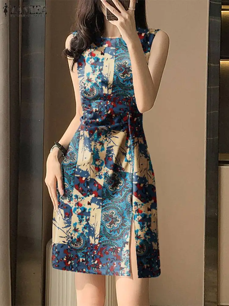 ZANZEA Fashion Floral Print Tank Dress Women Summer Cotton Party Robe Elegant Collect Waist Split Vestidos Sexy Sleeveless Dress