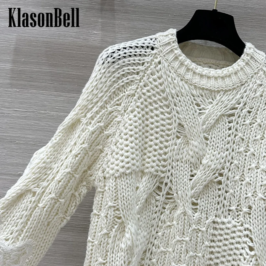 9.25 KlasonBell Women Classic Twist Lace Spliced Raglan Long Sleeve Knitwear Elegant Loose Soft Comfortable Wool Sweater