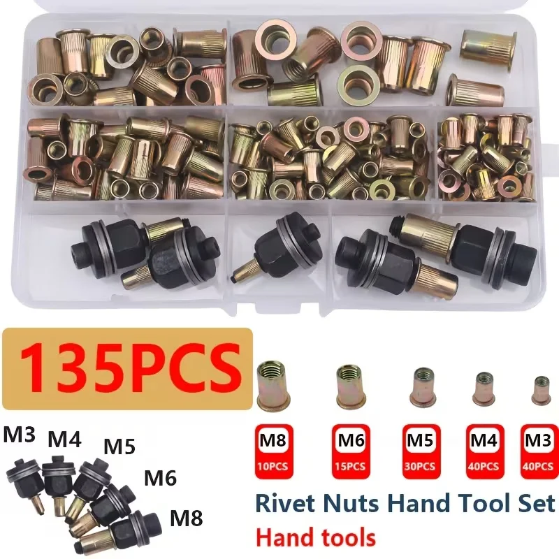 135Pcs Rivet Nuts and Hand Tool Set Metric Rivet Nut Combo (M8/M6/M5/M4/M3), Suitable for Automotive, Marine, Furniture, Decoration, and Industrial Applications