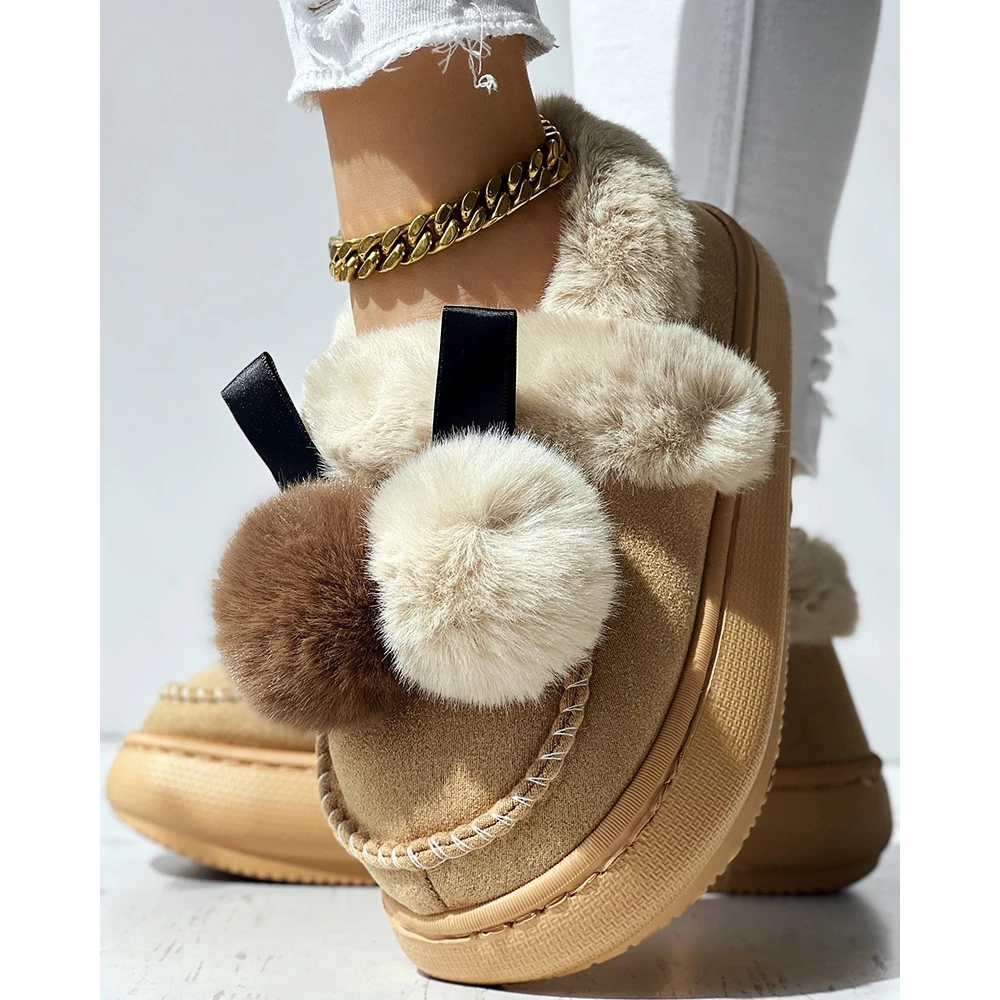 

Colorblock Pom Pom Fuzzy Trim Fleece Lined Thermal Plush Snow Boots