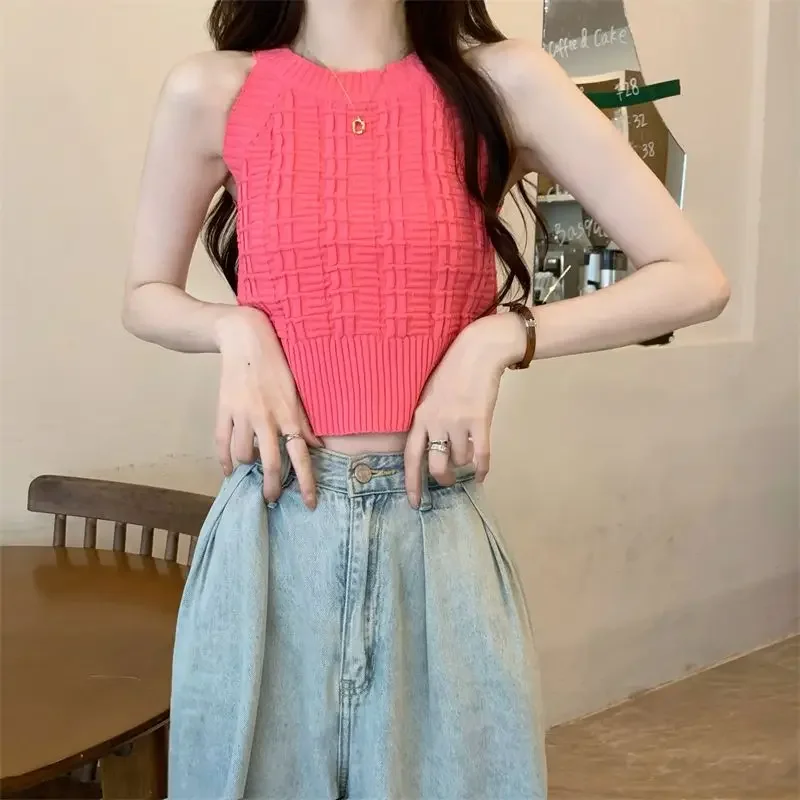 Nice Summer New Fashion Sleeveless Knitting Tank Top Female Fashionable Interior Lapping Trend Sexy Solid Color O-neck Camisole