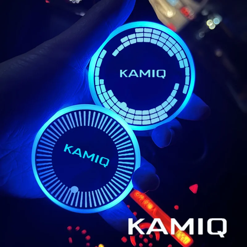 7 Color USB Charging Car Led Luminous Car Water Cup Coaster Auto Interior Ambient Light Decoration for Skoda KAMIQ Badge