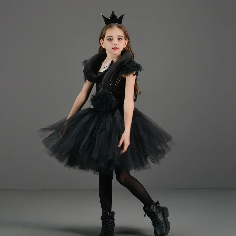 Costume de ballet noir fzLake pour enfants, tutu de ballet pour enfants, perruque de plumes pour filles, robes de ballerine, vêtements d'Halloween