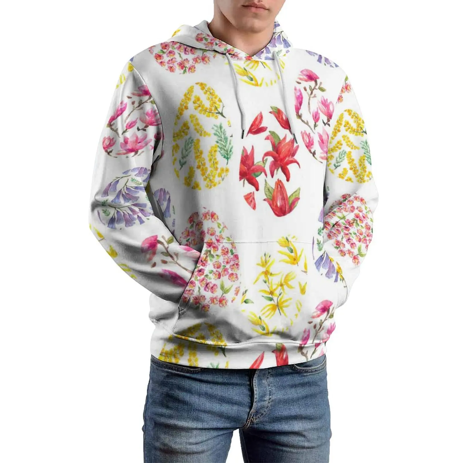 Easter Loose Hoodies Flower Eggs Art Print Funny Hoodie Men Long Sleeve Oversized Casual Graphic Hooded Sweatshirts