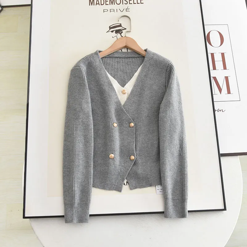 

Цветной вязаный свитер с V-образным вырезом, женский модный осенне-зимний открытый кардиган, контрастный цветной дизайн, уникальный трикотаж