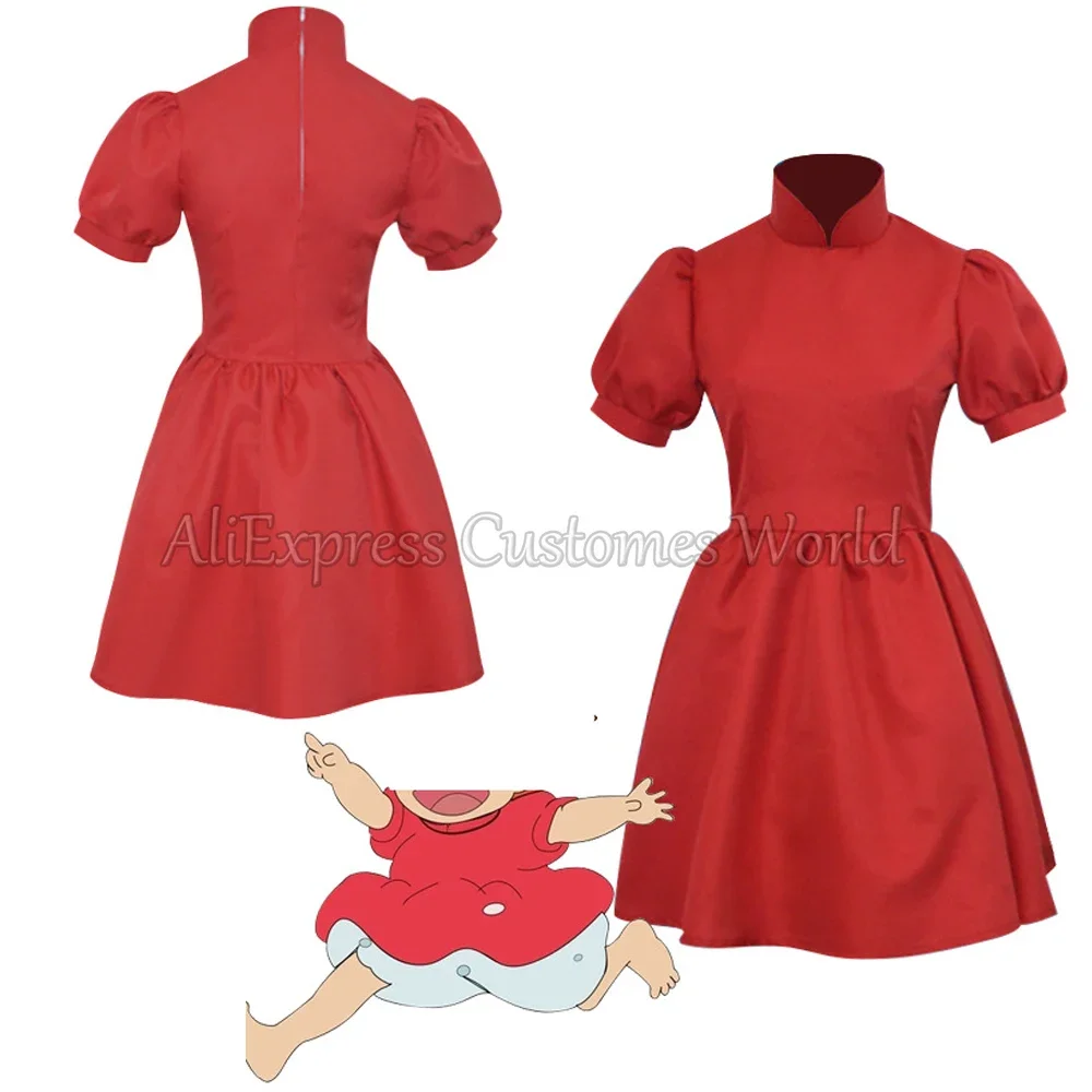 On The Cliff Rotes Kleid Anime Ponyo Cosplay Kostüm Halloween Lolita Cos Uniformen für Erwachsene Kinder Party Roleplay Karneval Kleidung