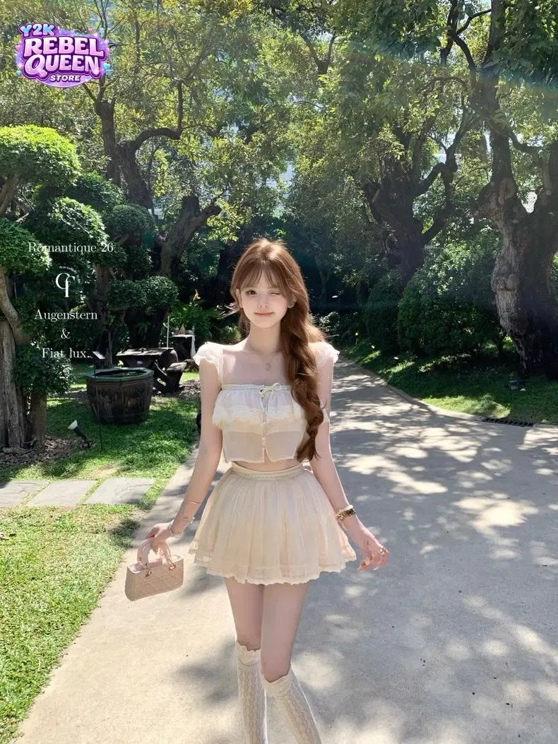 Coquette Sweet Pink French 2 Piece Set Women Lace Ruffle Bow Tie Square Neck Camisole Crop Top Mini Skirt Slim Fit Dress Elegant