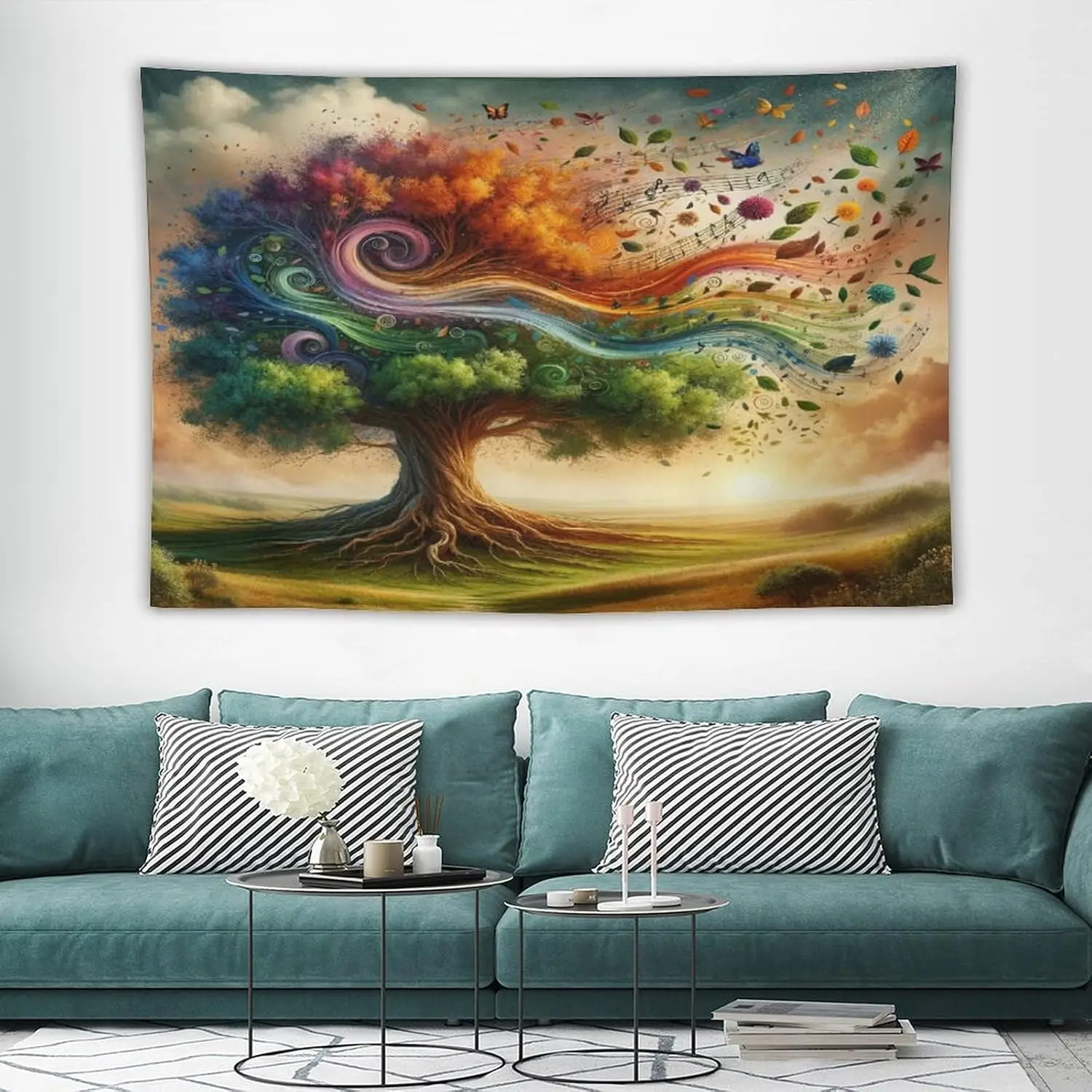 

Tree of Life Tapestry Vibrant Forest Colorful Rainbow Tree Music Note Pattern Printed Wall Tapestry Wall Hanging for Bedroom