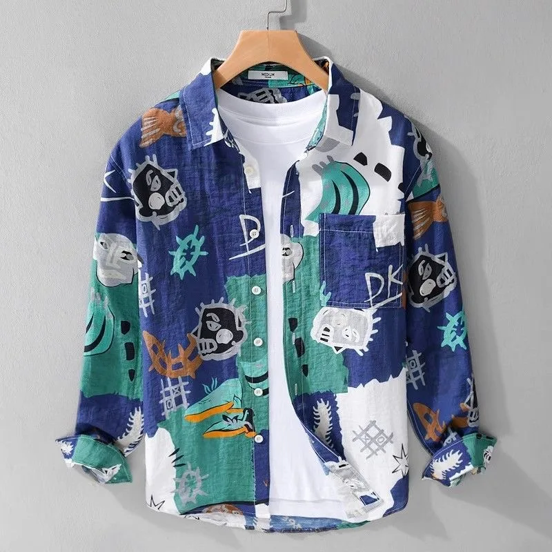 

New Spring/Autumn Fashion Trendy Printed Long Sleeve Shirt Men's Casual Loose Sports Breathable High Quality Plus Size Shirt