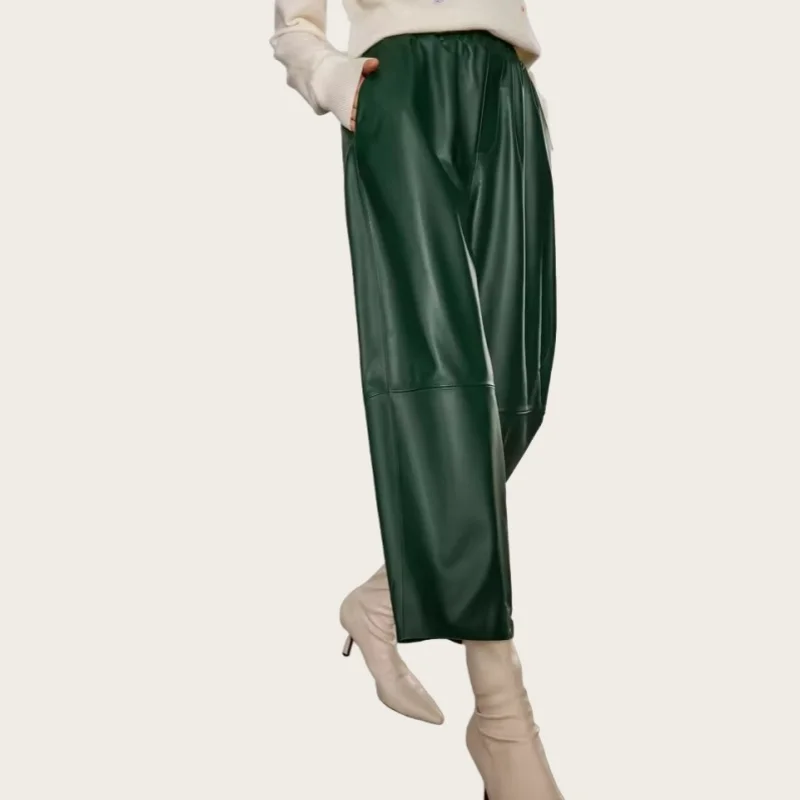 

Women's Leather Pants, Ankle Length, Genuine Sheepskin Pants, Wide Leg Haren Pants, Elastic Waist, Spring and Autumn