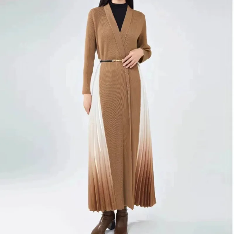 Luxurious Miyake-Inspired Pleated French-Style Maxi Coat V-Neck Elegant Waist-Cinching Gradient Hues Timeless Oriental Glamour