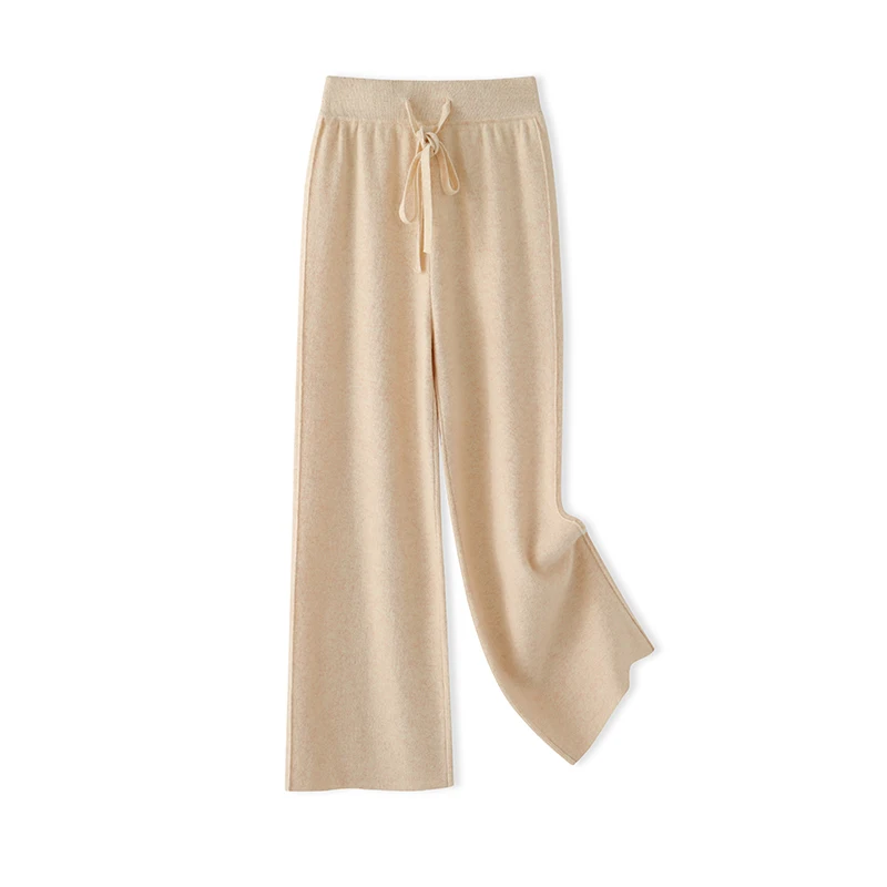 DjzDsm Women's Side-Seamed Wide Leg Pants Autumn Winter Thickened Casual Long Trousers 100% Pure Wool Knitted Pants
