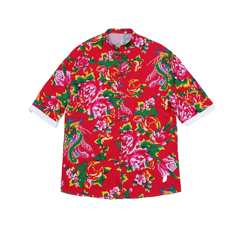 2024 Mens Chinese Style Shirts Northeast Large Flower Short Sleeved Floral Shirt Fashion Casual Buckle Stand Collar Retro Shirts