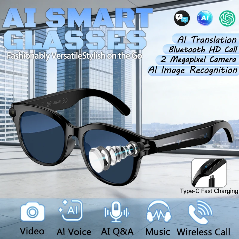 

Новые умные AI-очки с HD-камерой 200W, функцией ответов на вопросы, AI-переводом, Bluetooth, беспроводными звонками и воспроизведением музыки