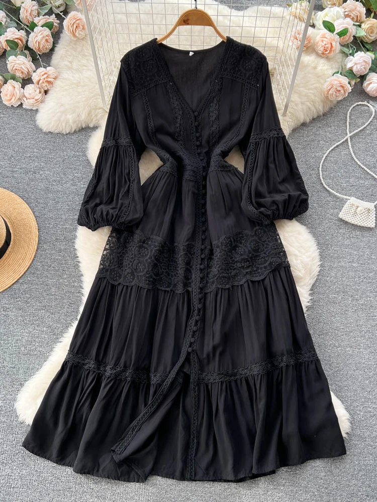 Spring Autumn Elegant Evening Party Dress Women Fashion Bubble Sleeve French Vintage Long Dresses Ladies Casual Beach Dress