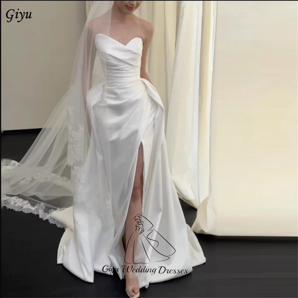 Giyu Customized Sweetheart Satin A Line Korea Wedding Dress Photo Shoot Pleat Sleeveless Side High Slit Bridal Gown For Bride