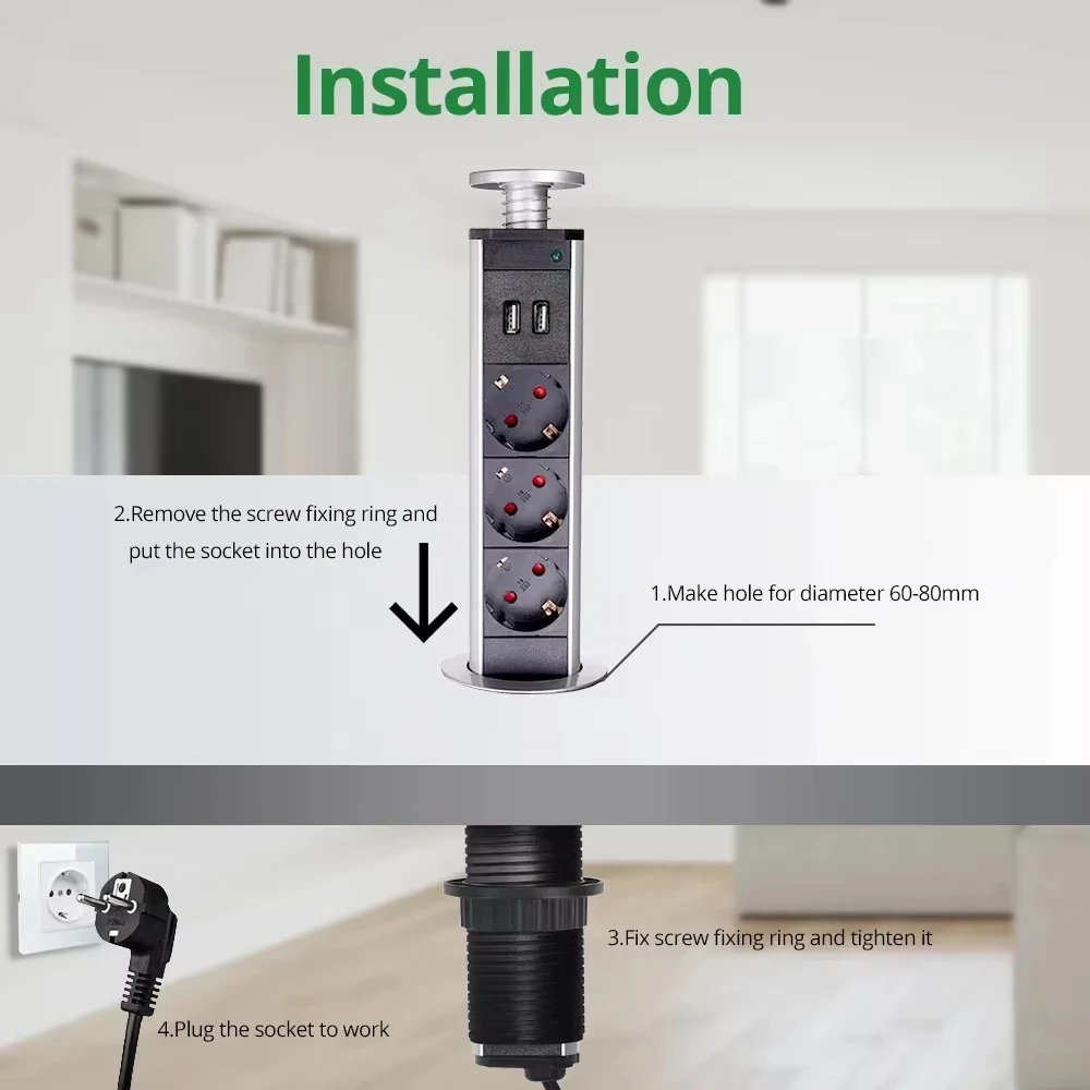 Retractable Pop Up Desktop Socket 3 Outlets Dual 2.4A USB Ports 2M Extension Plug Aluminum Body For Kitchen Table