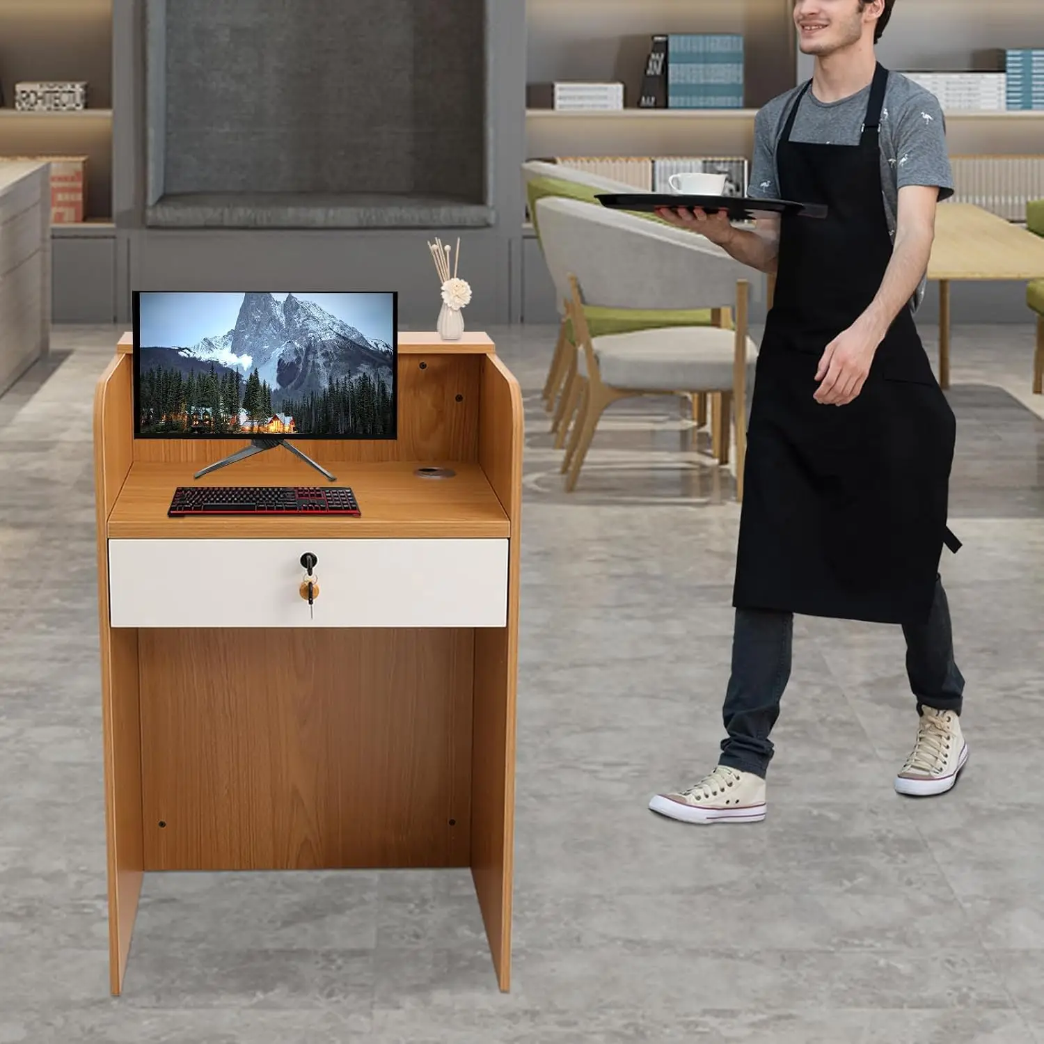 L-Shaped Reception Desk Oak Veneer Finish With Lockable Storage LED Light