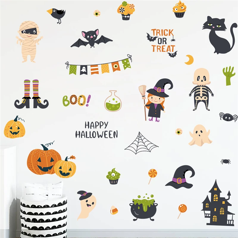 Cartoon Skull Bat Witch Halloween Wall Sticker For Office Store Home Decoration Festival Mural Art Kids Decal Hallowmas Poster