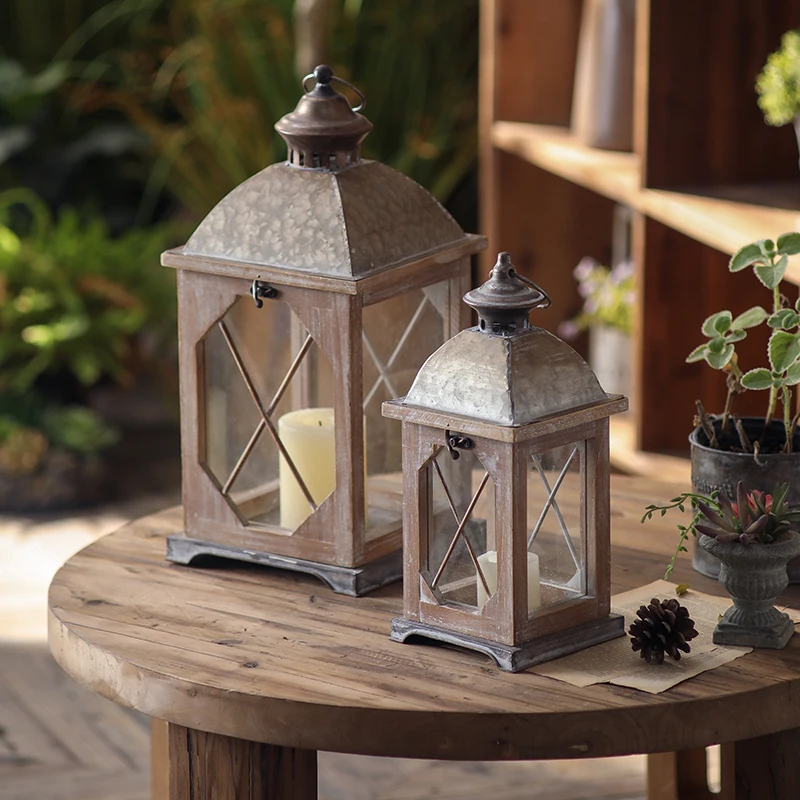 Farmhouse Vintage Decorative Wood and Metal Candle Holders Hanging Candle Lanterns Rustic Outdoor Lantern for Wedding