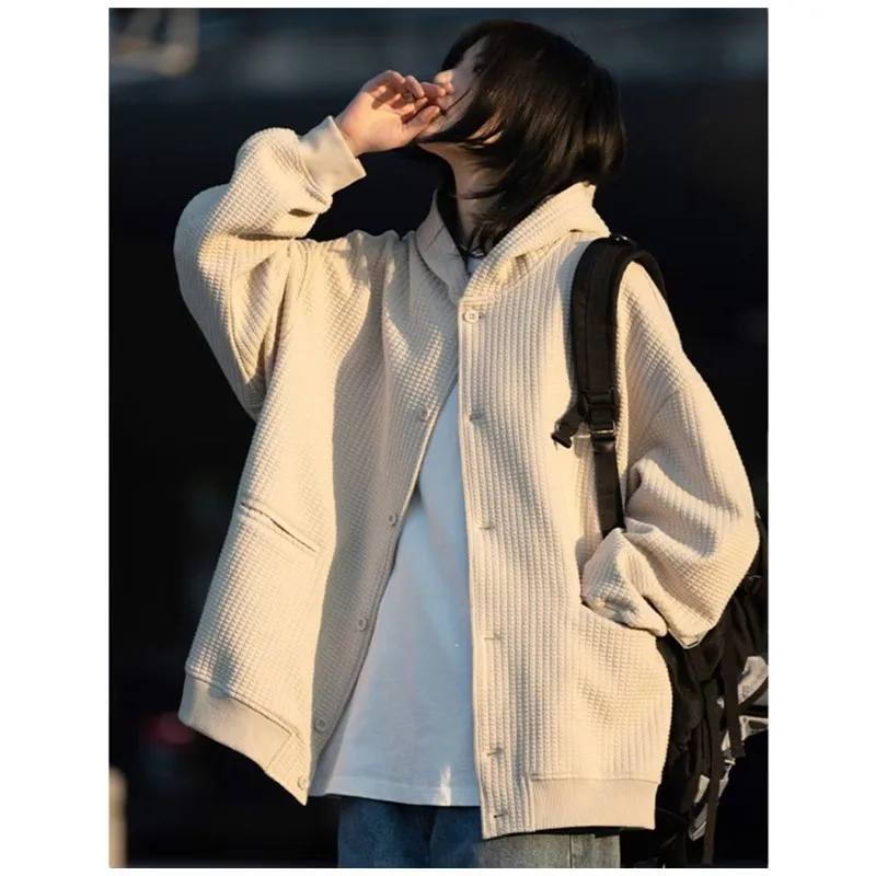 Unisex Oversized Hoodies Waffle Solid Women Sweatshirt Vintage Cotton Men Cardigan Coat Hooded Loose Trend Sweatshirt B0053