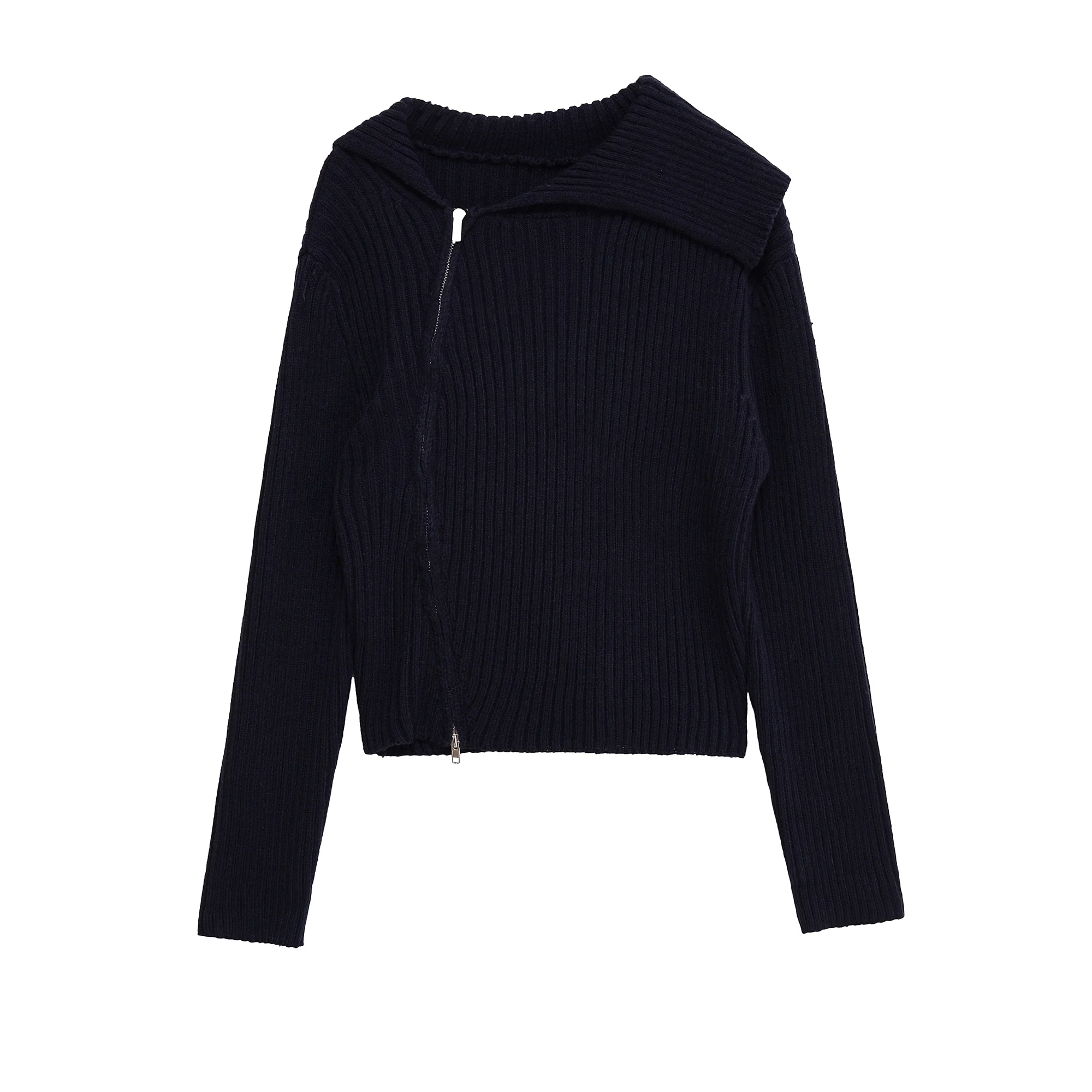 

Women's clothing autumn new products simple and versatile casual and fashionable zipper ribbed lapel long sleeve knit jacket