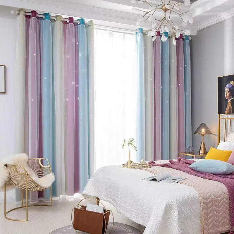 Blackout Curtains Noise Reducing Thermal Insulated Hollow Out Star Gradient Curtains for Living Room Bedroom Children's Room