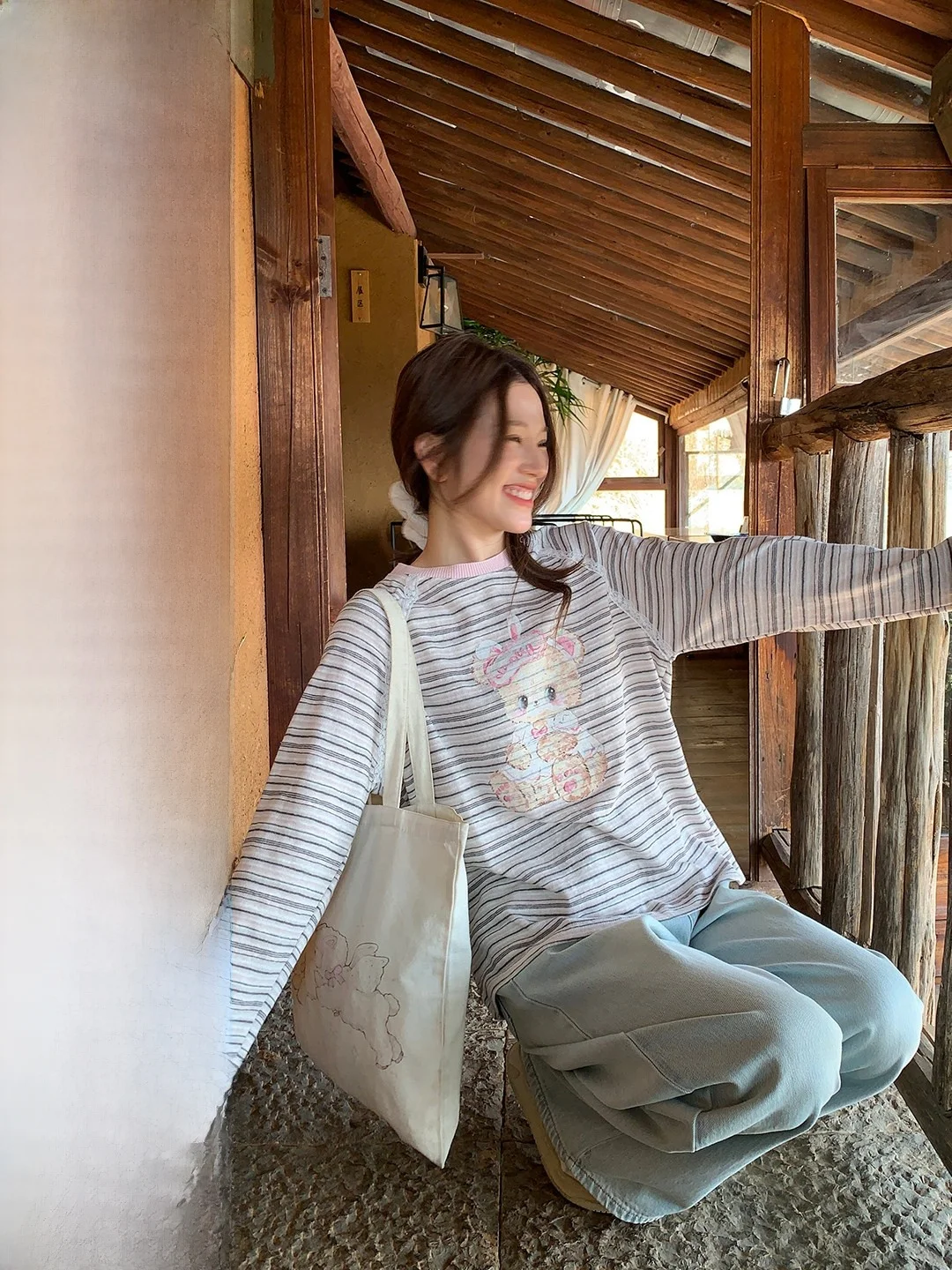 

Lazy Bear Striped Long Sleeve Knitted Sweater Women's Casual Loose Vintage Style Korean Fashion Soft Acrylic Ladies Top
