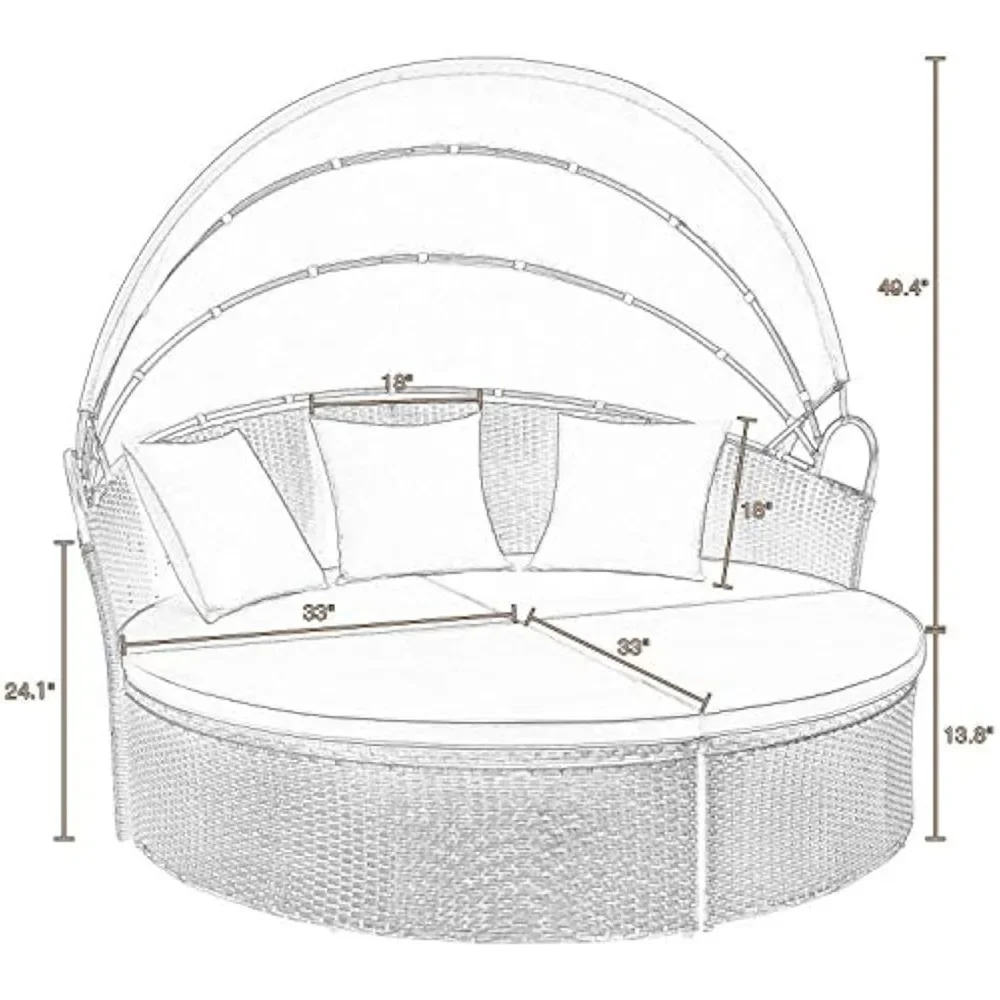 Sofá cama redondo para exteriores con dosel retráctil, asiento divisorio de mimbre, sofá seccional para terraza, césped, jardín, patio trasero y porche