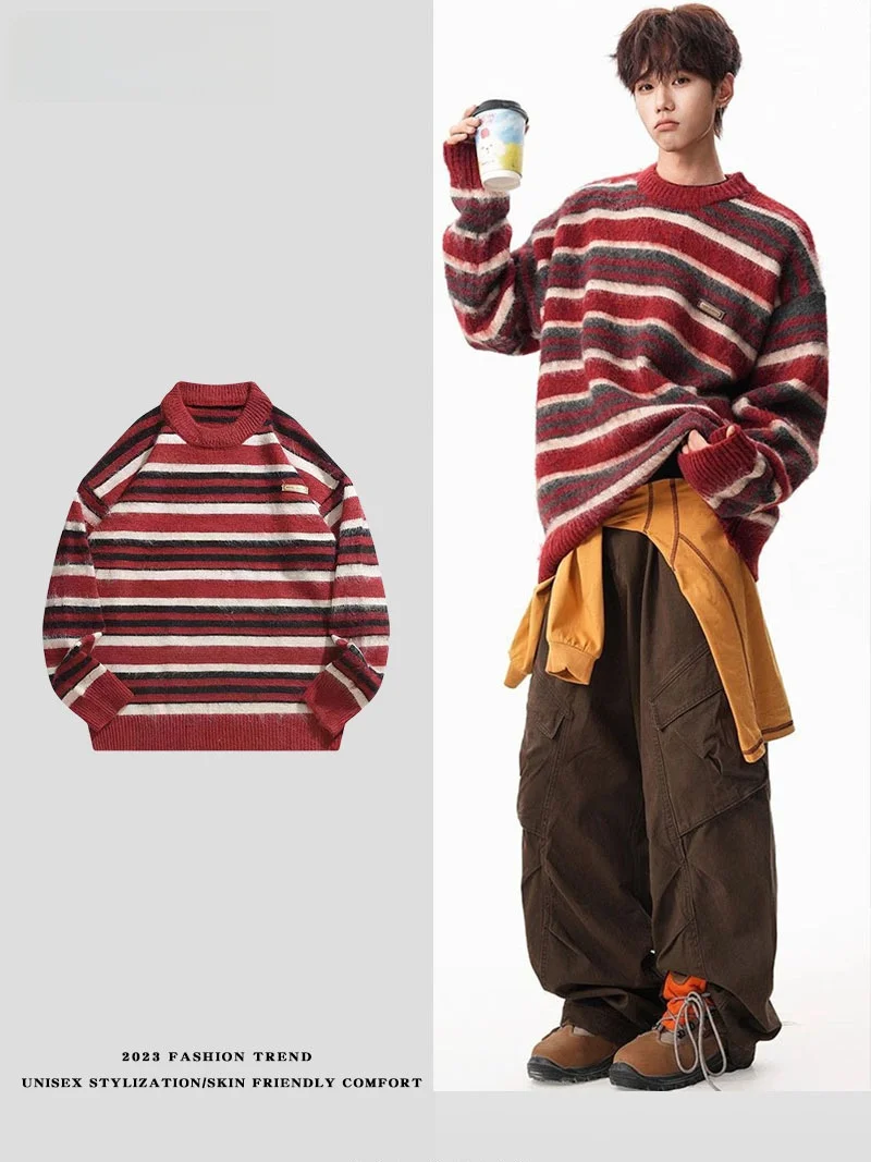 

Loose Fit round Ne Knitwear Striped Color Blo ex Autumn Winter Casual Sweater Couple Matching Comfortable Knitted Top