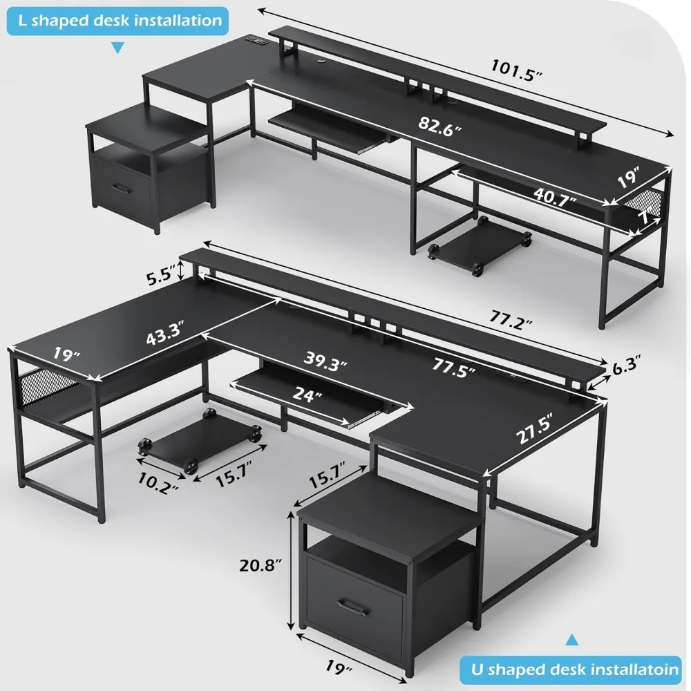 U Shaped Desk, Reversible L Shaped Home Office Desk with File Drawer & Power Outlet, 101.5'' Computer Two Person Desk