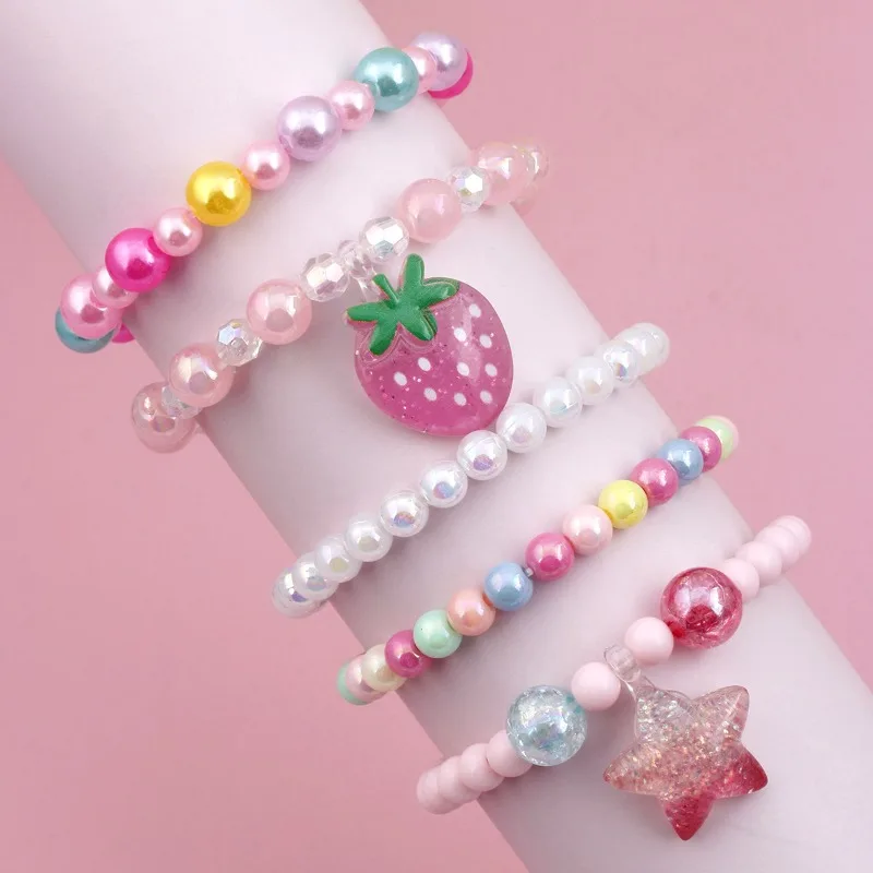 

5pc Kids' Beaded Bracelet Set, New Colorful Acrylic Mixed Strawberry & Star Shape Cute Hand Accessories