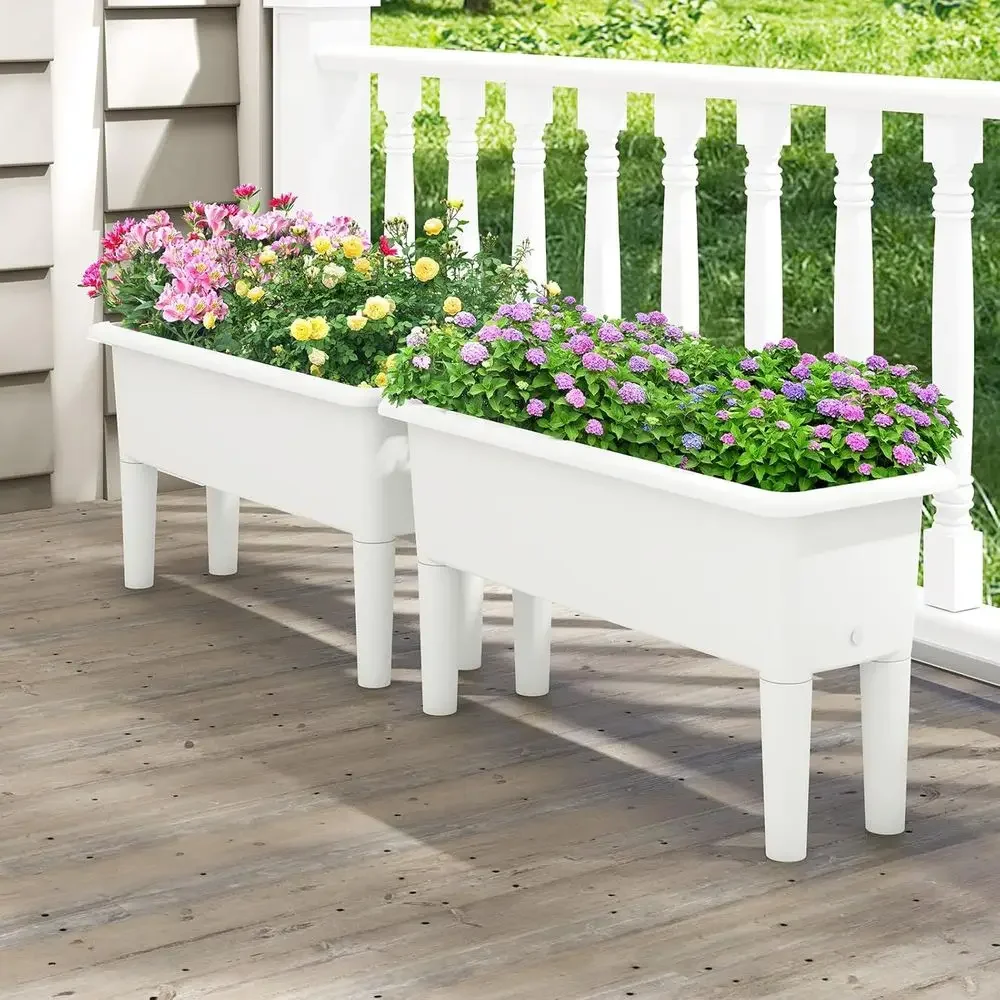 Self-Watering Outdoor Raised Garden Bed Set, 2-Piece, Detachable Legs, Drainage, 31.5Lx12Wx16H, Easy Assembly, White