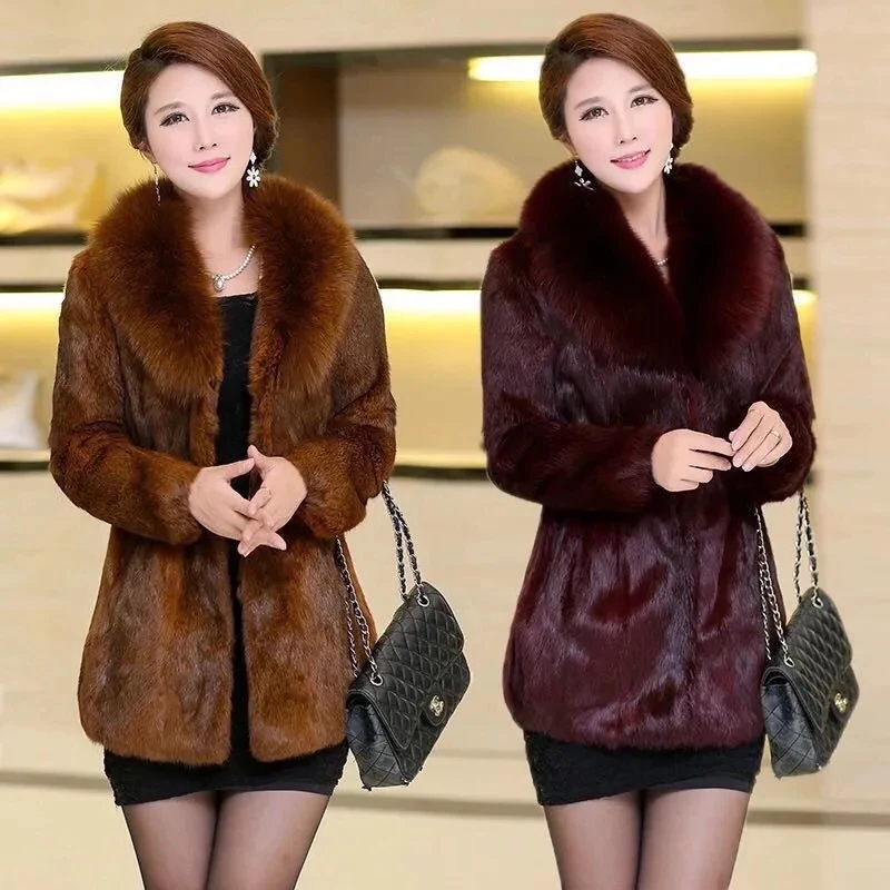 Ladies Luxurious Faux Fur Overcoat Warm Plush Faux Fox Fur Collar Women Plus Size 6XL Coat Autumn Winter Female Party Coat