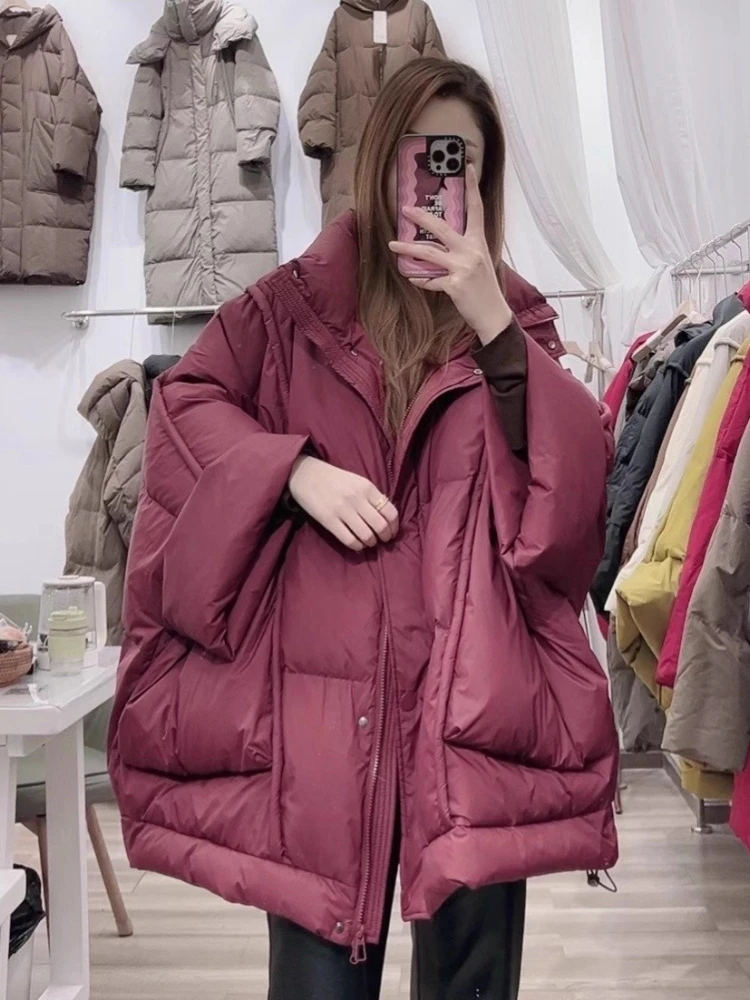 Abrigo acolchado de longitud media de gran tamaño para mujer, Parkas mullidas de nieve para invierno, prendas de vestir con capucha, corte en A, chaqueta gruesa holgada de plumón de pato 90, novedad de 2025