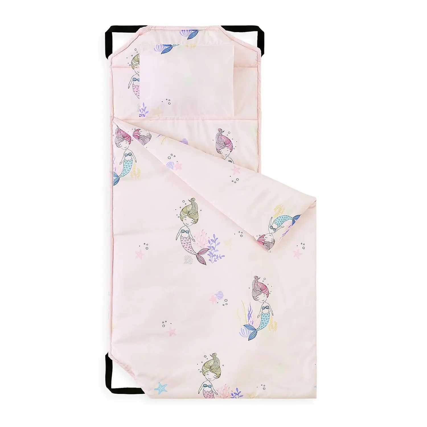 

Милый детский коврик для сна в стиле русалок с подушкой, одеялом и эластичными ремнями для детского сада или дошкольных учреждений - светло-розовый