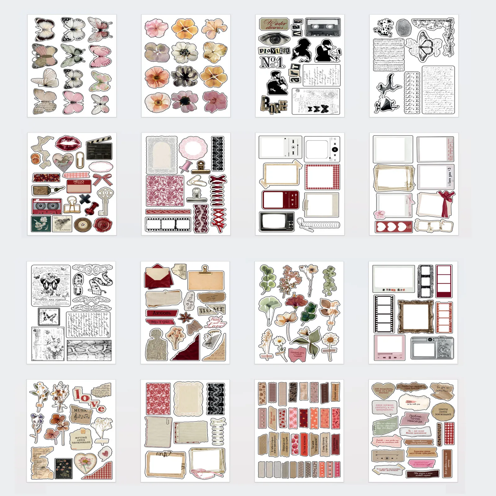 16-piece vintage distressed journal sticker set, floral frame butterfly collage material for diary album, Valentine's Day greeting card DIY decoration