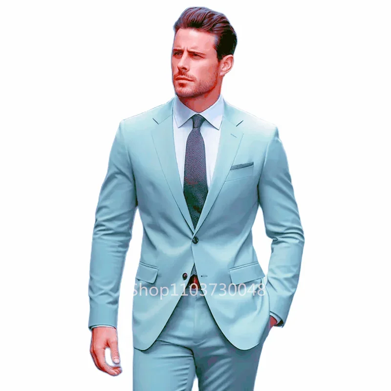 2 Piece Formal Wedding/Business Men Suits High Quality Green/Blue Fashion Notch Lapel Blazer Pants Slim Fit Groom Party Tuxedos