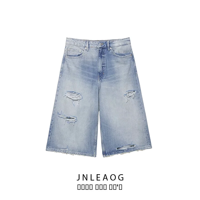 

Spring New Women's Loose Fit Denim Shorts Decorative Hole Design Casual Fashion Ladies' Jeans Natural Waist Polyester Fabric