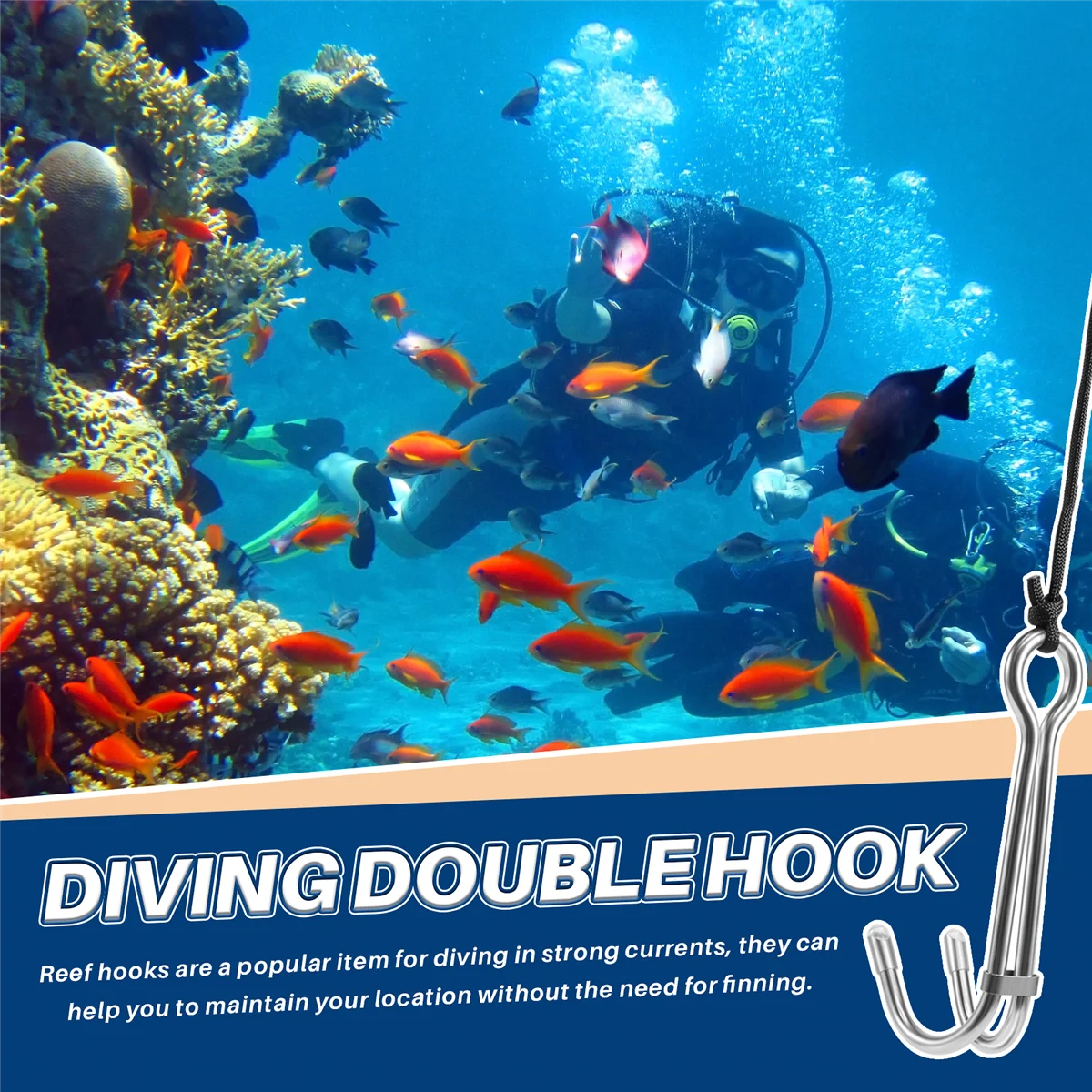 KEEP DIVING Scuba Diving Double Dual Stainless Steel Reef Drift Hook with Line and Clips Hook for Current Dive Underwater,Black