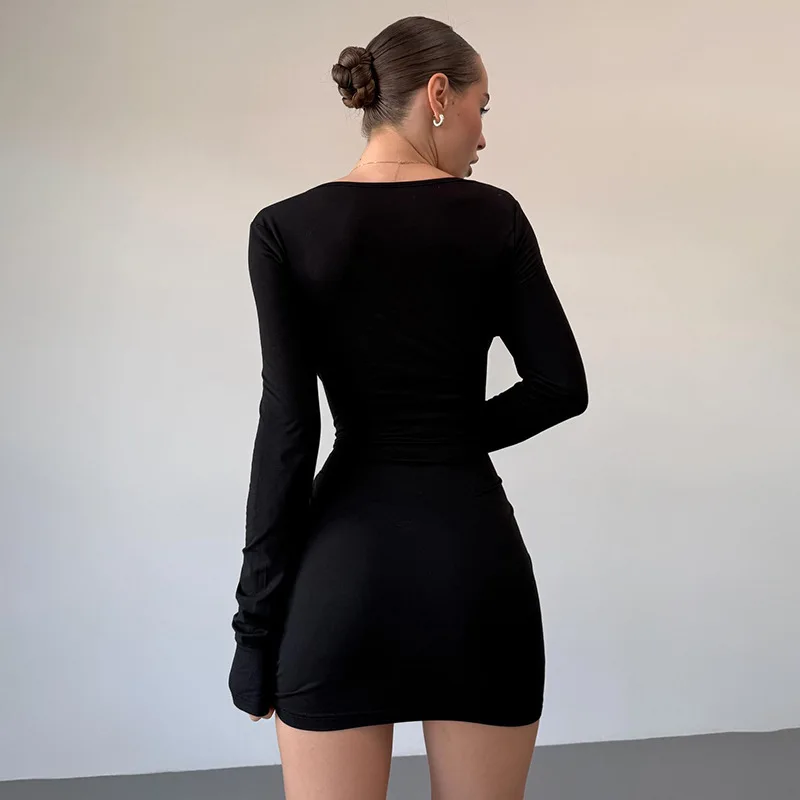 Mini robe de bal courte noire, Sexy, col en V, manches longues, fleur dorée, Robes de concours formelles décontractées, robe de soirée d'automne