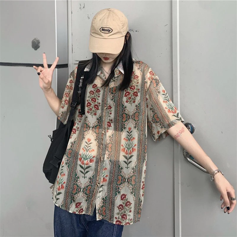 MEXZT Vintage Floral Sheer Shirts Women Harajuku Oversized Short Sleeve Blouses Summer Y2K 2000s Streetwear Print Loose Tops New