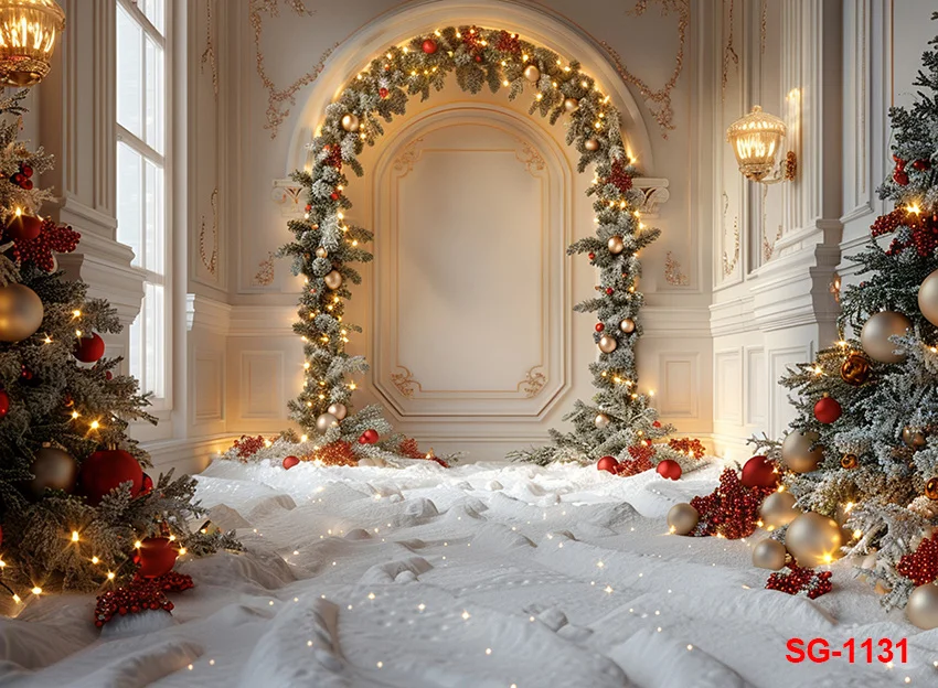 Christmas Window Photography Backdrop Elegant Cream Interiors with Golden Lights and Draped Curtains for Holiday Photo Sessions