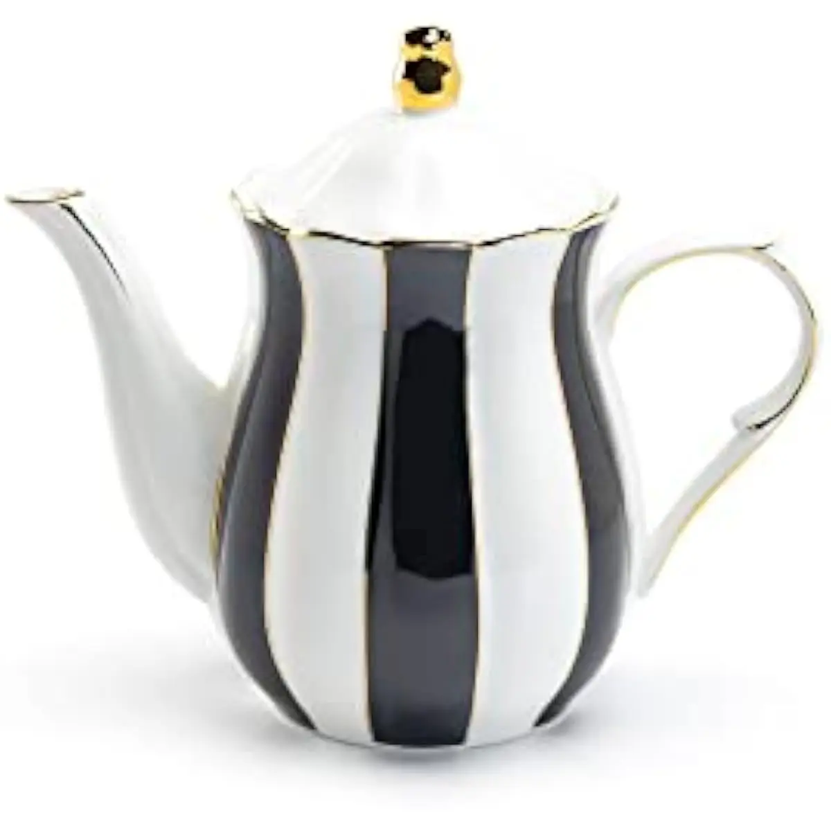 11 Piece Porcelain Tea Set with Scalloped Edge, Black White Tea Service with Teapot Sugar Creamer 4 Cups Saucers for Home Gift