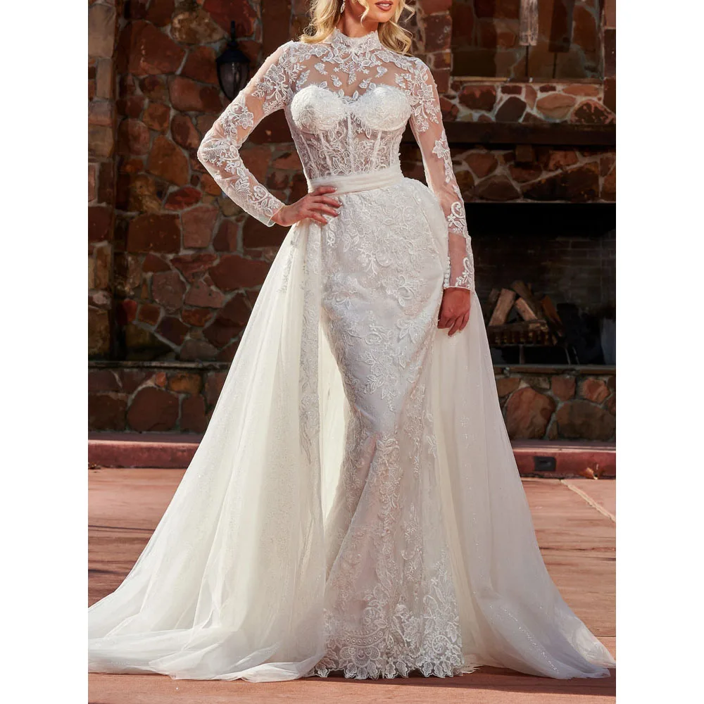 

Sexy Mermaid Wedding Dress High Neck Long Sleeves Corset Bodice with Detachable Line Bridal Gowns Applique with Beads