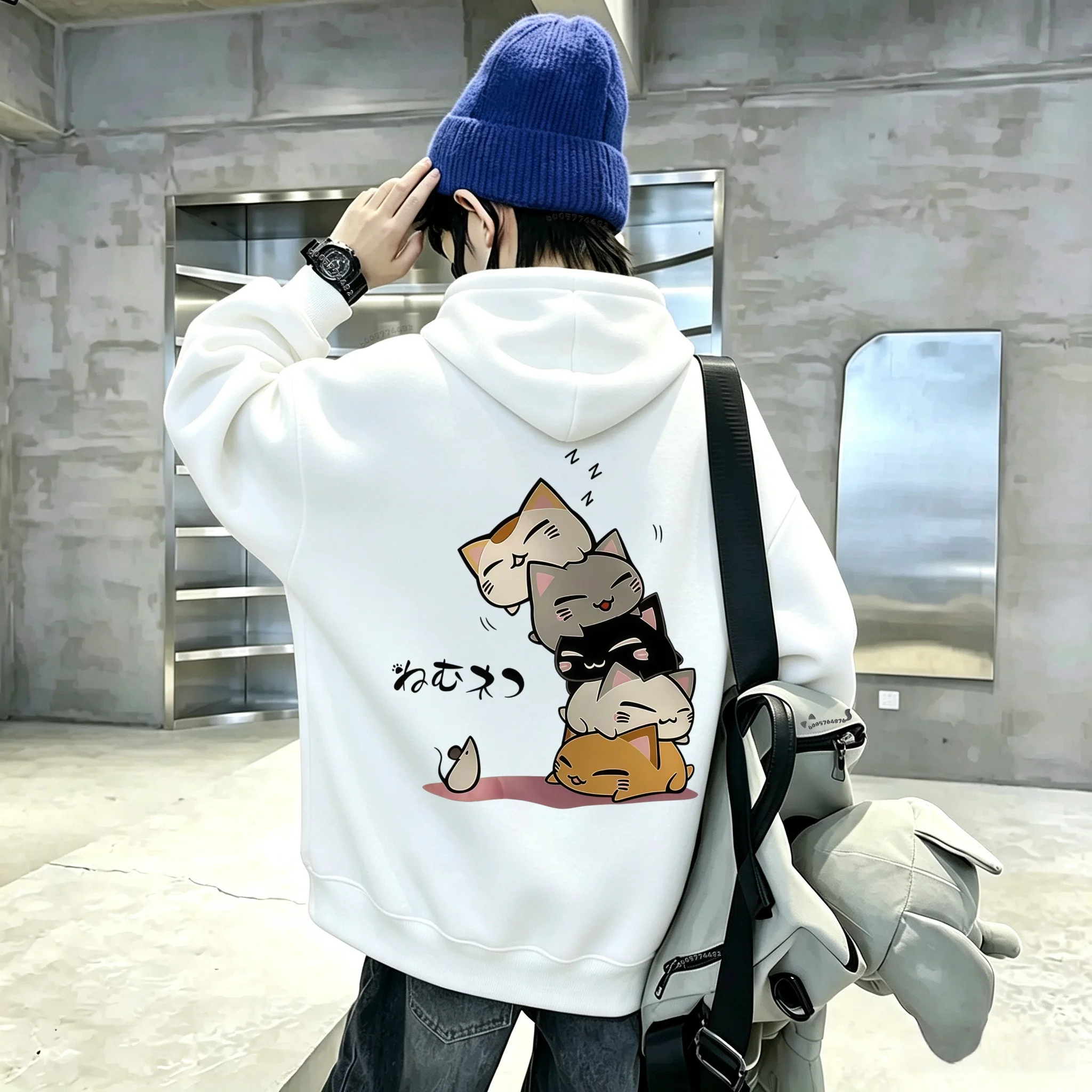 Cute layered lazy cat cartoon pattern printed children's hooded sweater. Japanese-style lettered casual loose-fitting hoodie.