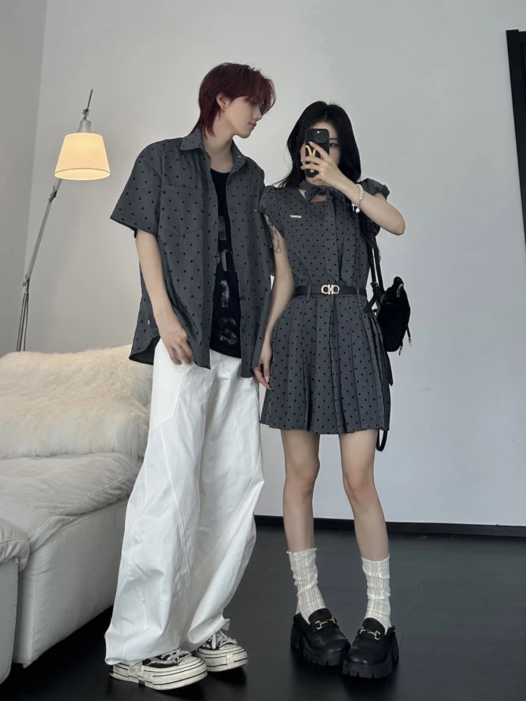 korean-style-men's-short-sleeve-shirt-summer-outfit-sweet-waist-cinching-polka-dot-dress-with-bow-tie-for-couples