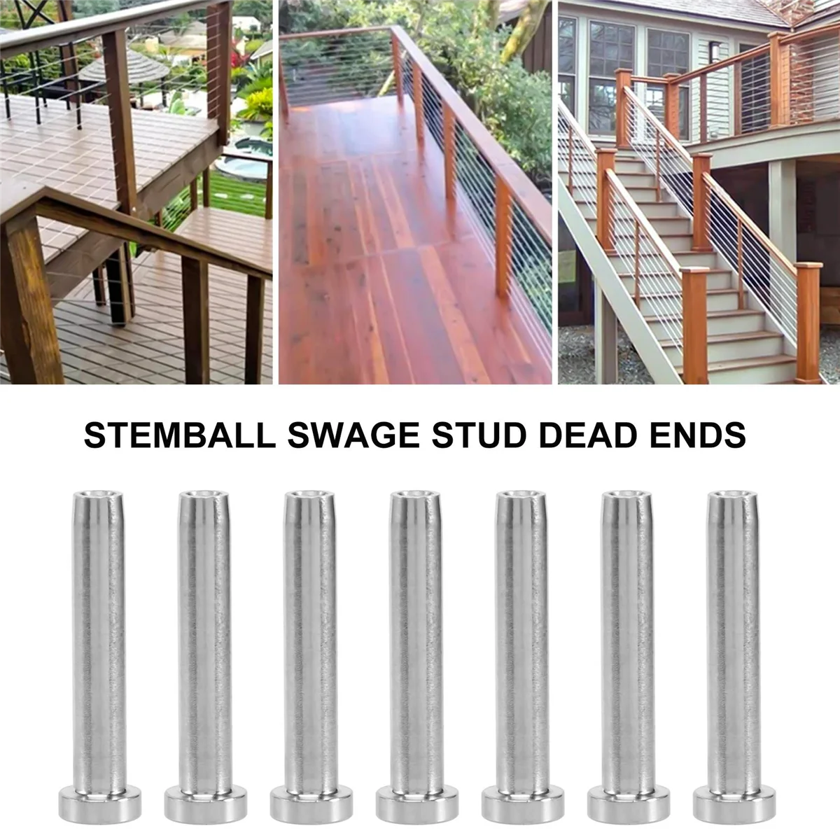 10Pcs Stainless Steel Stemball Swage Stud Dead Ends Threaded Stud Paired with Cable Tensioner for 1/8Inch Cable Railing Kit