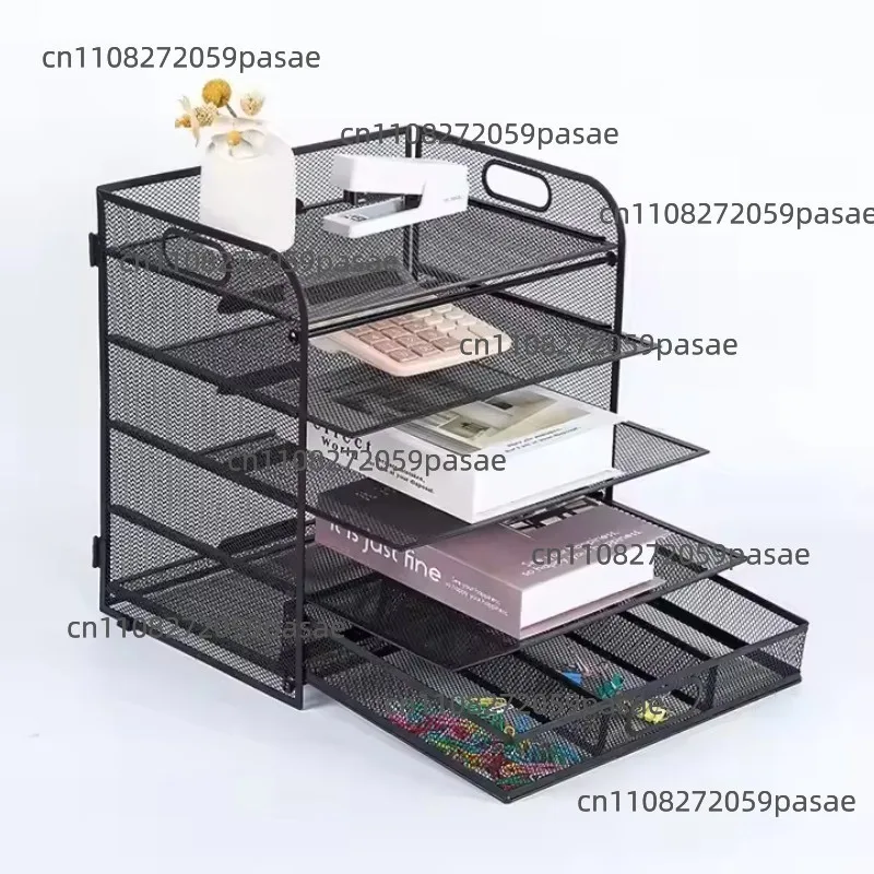 5-Layer metal mesh desk storage, pen holder with drawers and document sorting