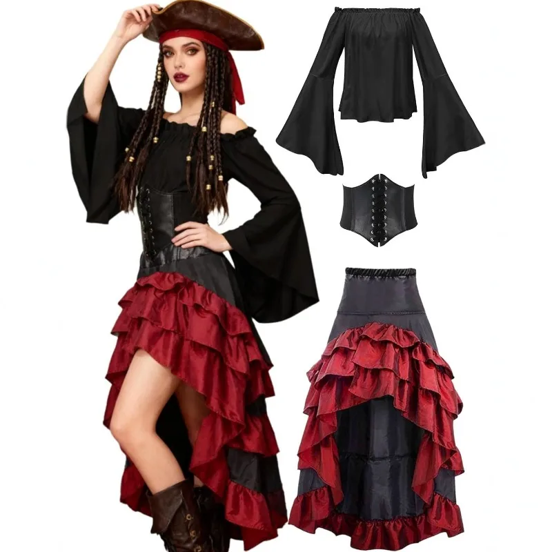 Disfraces de Pirata Medieval, Camisa de Manga Larga, Cinturón, Vestido Largo con Volantes, Disfraz de Pirata para Mujer, Atuendo para Baile de Máscaras